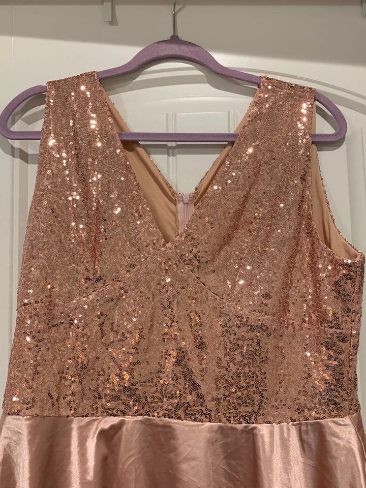 Rosegold Sequin Formal Prom Dress Womens Size XL Satin Layer Skirt Hi Lo Hem - Image 3 of 4