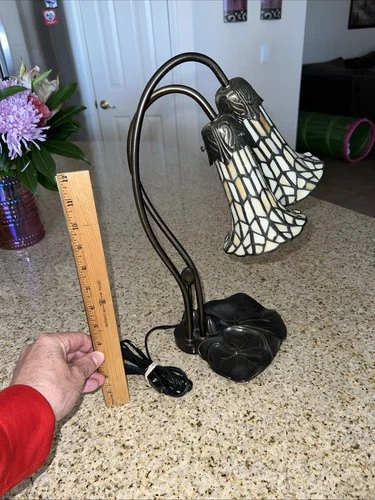 Vintage Art Nouveau Tiffany Style Double Arm Lily Lamp w/ 2 Stained Glass Shades