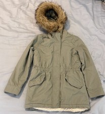 GAP Kids Green Hooded Parka Jacket L 10 Faux Fur Trim Lined Zip