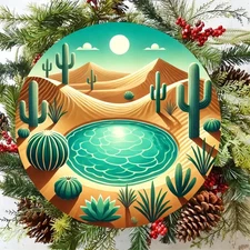 2D Flat, Desert Oasis Round Aluminum Foil Wall Art - Vibrant Cactus & Moonlit Sk