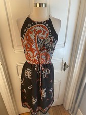 ANN TAYLOR LOFT FIT & FLARE BLACK WITH FLORALS DRESS-FABRIC TIE BELT-SIZELP!!