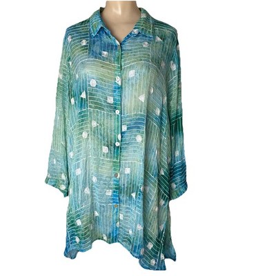 Ali Miles Women's Sz 1X Button up Tunic Top Green Blue Geometric Artsy sheer