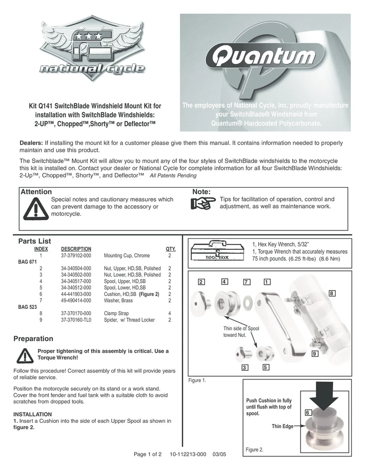 Switchblade Windshield Mount Kit National Cycle KIT-Q141 - Image 2 of 3