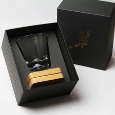 Tajima Glass Mt. Fuji Rock Glass with Wooden Coaster, Premium Gift Box, Made in