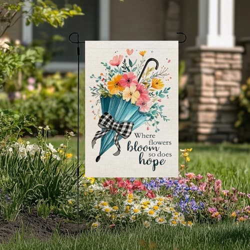 Spring Garden Flag Floral Umbrella Double Sided 12x18 Inches Small Burlap - Picture 3 of 7