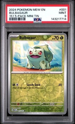 2024 Pokemon 151 001/165 Bulbasaur 5 pack mini tin cosmos Reverse holo PSA 9