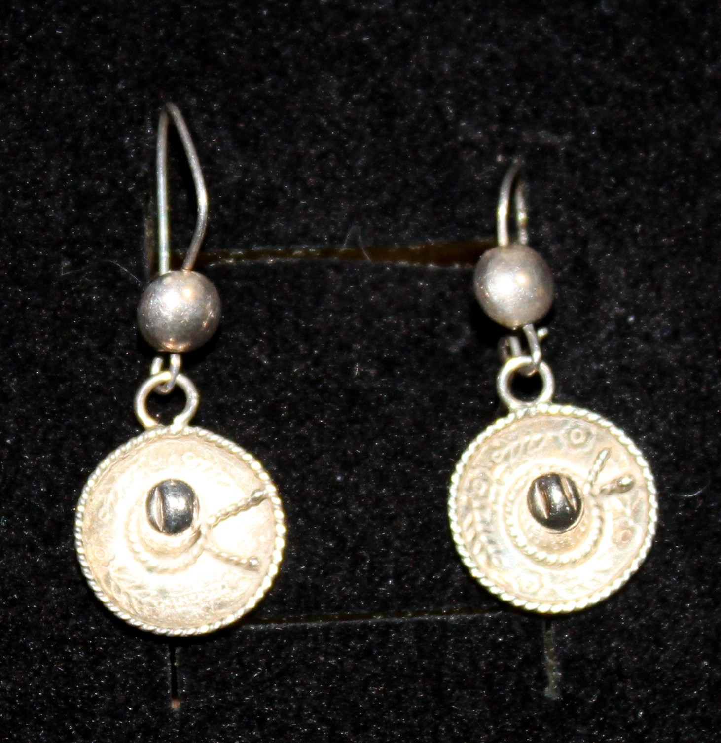 Vintage Taxco Sterling Silver Sombrero Pierced Wire Dangle Earrings