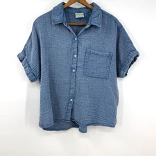 C&C California Gauzy Button Down Shirt Top Womens L Boxy Blue Lagenlook Beach