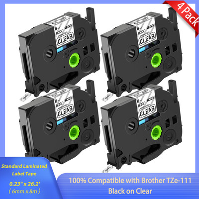 4 PK TZ-111 TZE-111 Black on Clear 6mm Tape Compatible For Brother PT-E100