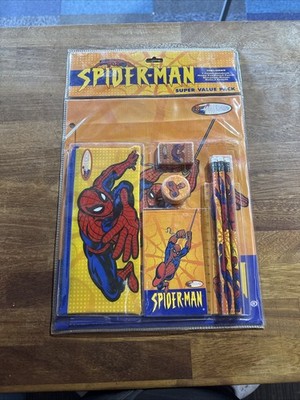 Vintage 2001 Marvel Spiderman 10 Stück Schreibwaren Set Federmäppchen Radiergummi Lineal