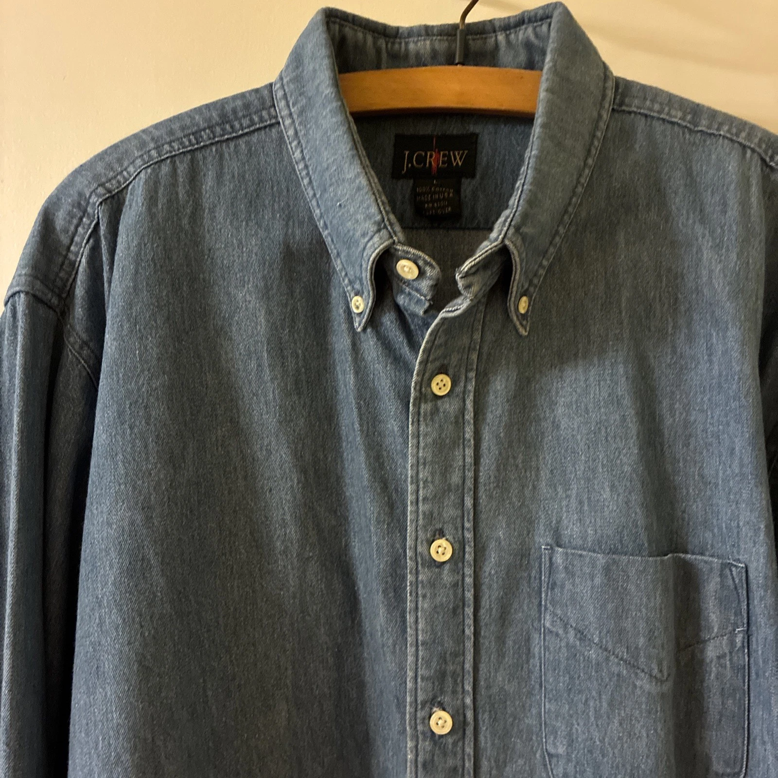 Vintage J Crew Denim Shirt Men's Large Blue Oarsman Button Worn Faded
