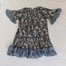 Sundance Aisha Floral Print Dress Tiered Bell Sleeve Shift Dress Women's L Boho