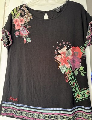 Desigual Black Short Sleeve Graphic Printed Top T-Shirt Size M Rhinestones