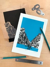 Original handmade fine art screen print of canyon in blue and black.