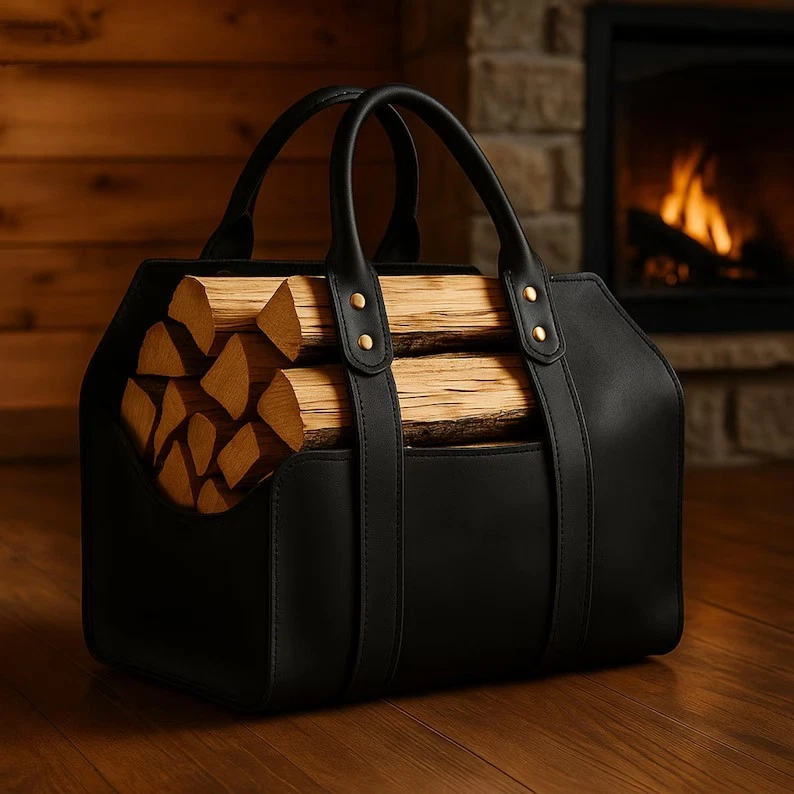 Bolso de Mano Hecho a Mano Cuero Leña Rústico Soporte para Troncos Chimenea Tienda de Madera Foto 3 de 4
