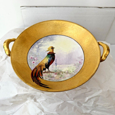 Antique Pickard Etched China Footed Handled Bowl Bird of Paradise Pheasant
