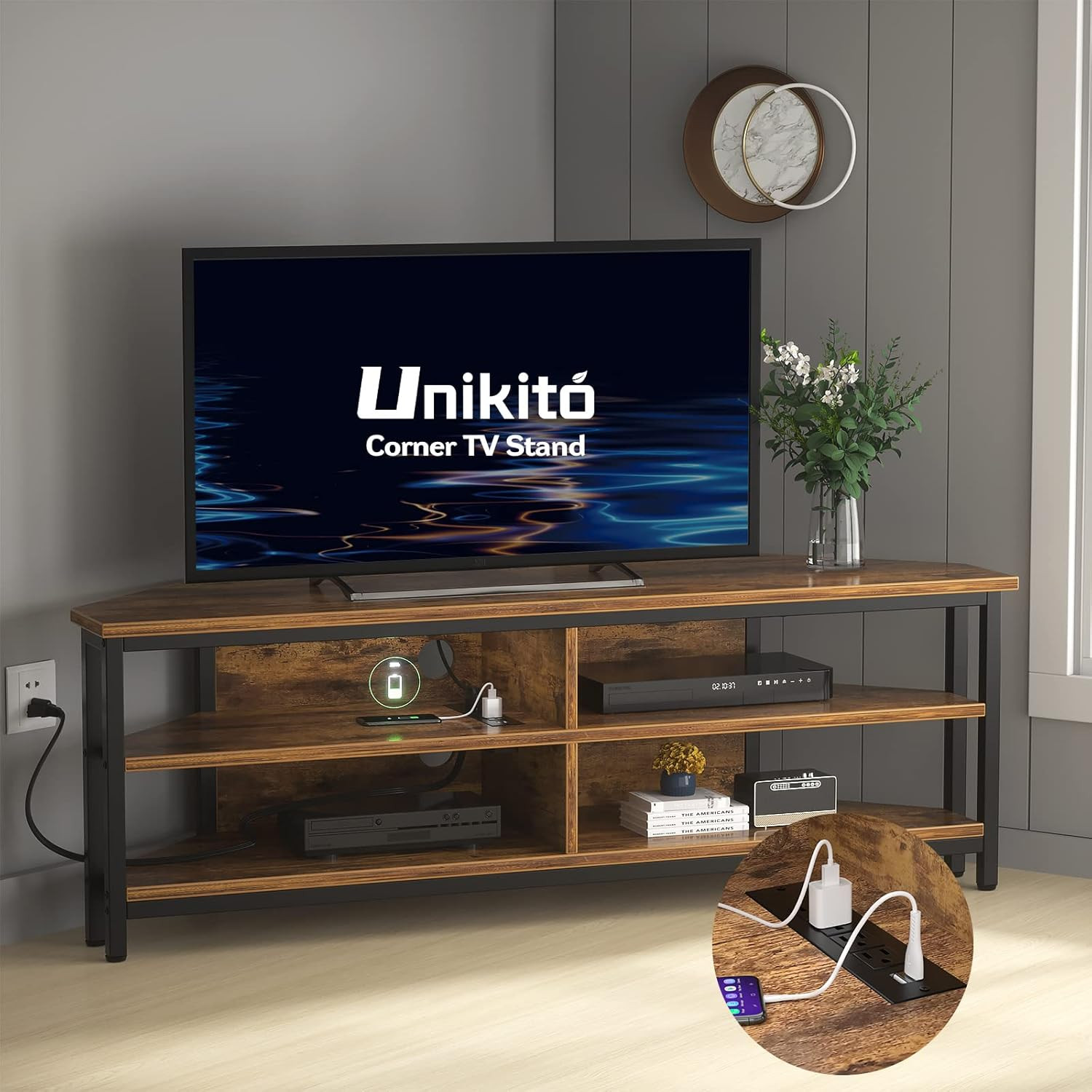With Power Outlet, Corner 55'' Metal Frame Tv Stand
