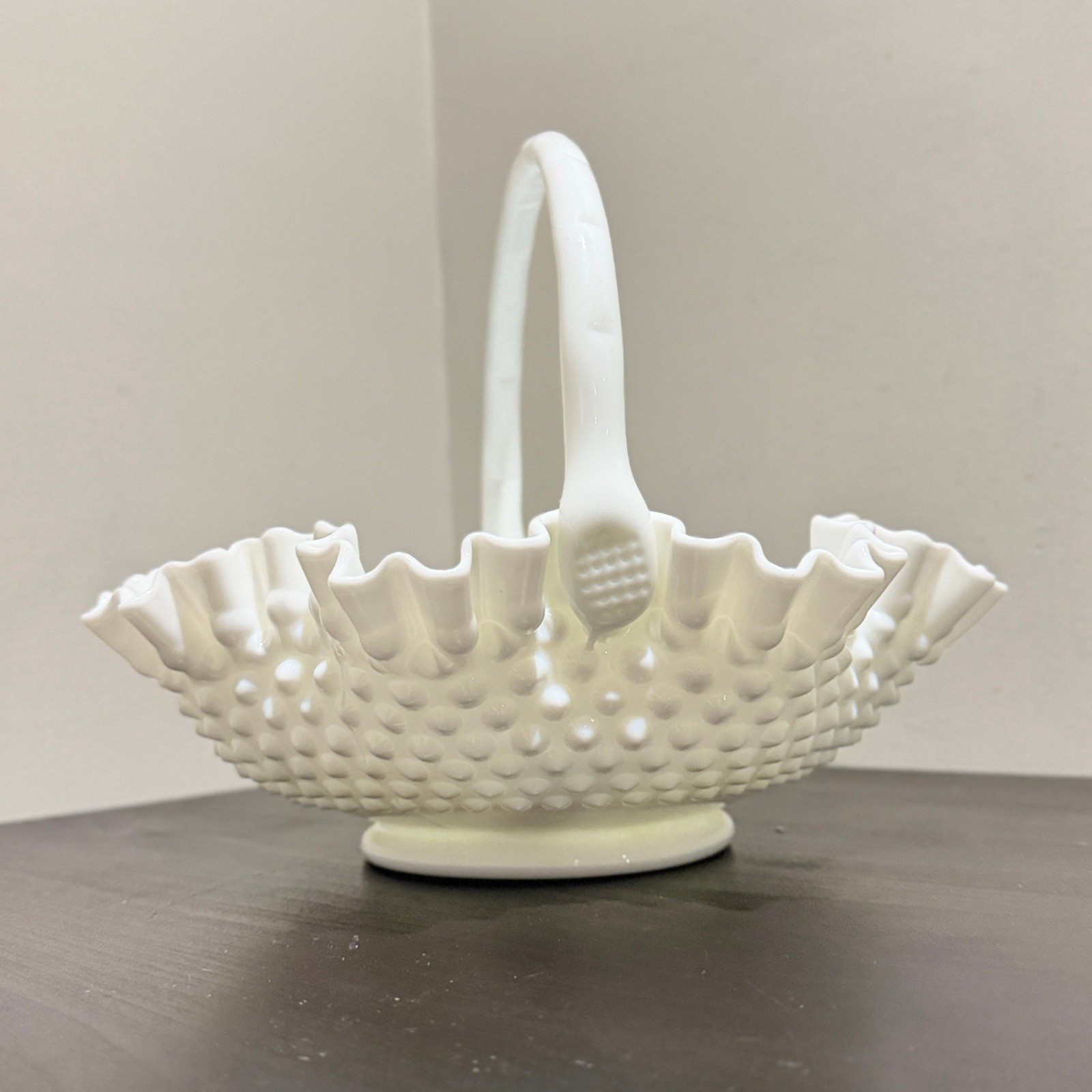 Scalloped Ruffled Rim Vintage Fenton White Milk Glass Hobnail Large Basket Crimped Ruffled ...