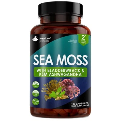 NEW LEAF PRODUCTS Sea Moss Complex - Irish Sea Moss + Bladderwrack & KSM Ashwagandha 120 Capsules