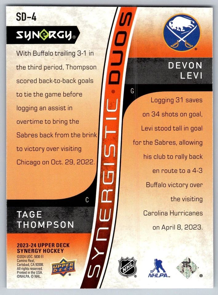 Tage Thompson Devon Levi 2023-24 Synergy Synergistic Duos Red #SD-4 Rookie /599 - Image 2 of 2