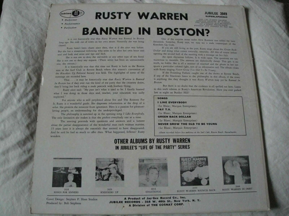 RUSTY WARREN BANNED IN BOSTON? VINYL LP 1963 JUBILEE RECORDS I LIKE EVERYBODY EX Foto 2 de 3