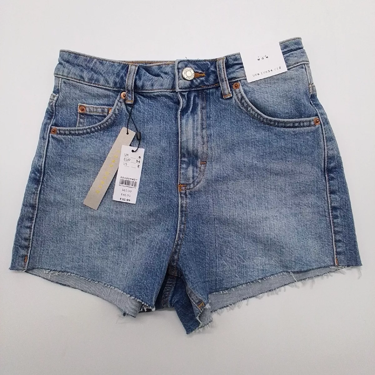 Topshop Blue Denim Mom Shorts Hot Pants w Raw Hem UK Size 6