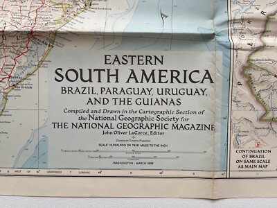 National Geographic Magazine, Sheet Paper Map, Eastern South America, 1955