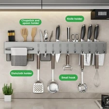 Kitchen Wall Mounted Storage Shelf Spoons Knives Utensil Organizer Rack w/ Hooks