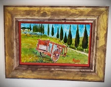 ANDREA COSTA Original Oil on Gesso Painting Canvas SIGNED Framed Red Cart Cypres