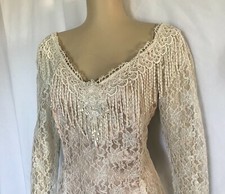 Ivory Lace over Champagne Satin Venice Lace Wedding Long Sleeve Dress, Size 14