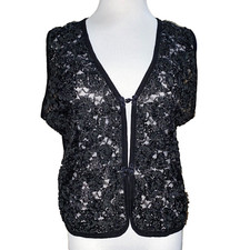 Vtg Vest Top Large Black Arsty Floral Lace Satouche Asian Toggle b