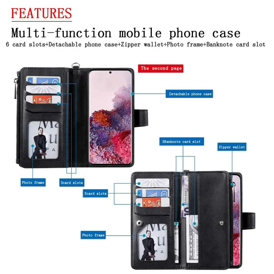 For Samsung S21 S20 S10 S9 S8 Note9 10 Plus Detachable Wallet Leather Case Cover - Image 2 of 4