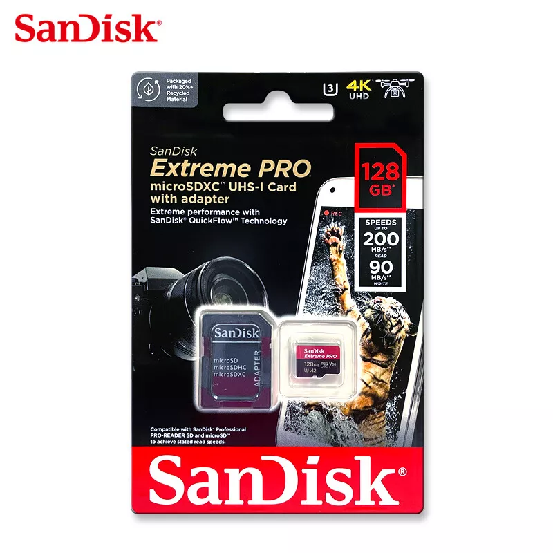 Sandisk 128GB Extreme PRO A2 V30 UHS-I U3 microSDXC Card 200MB/s 4K HD +  Adapter