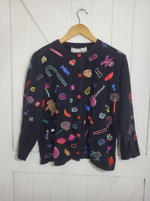 VTG Michael Simon Christmas Candy Embroidered Button Up Cardigan Women's M