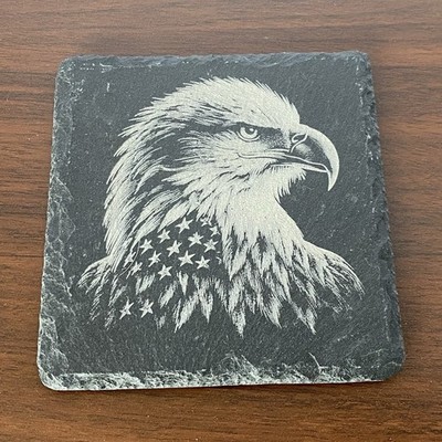 Patriotic Slate Square Coaster, Eagle Coaster with stars. Laser engraved.