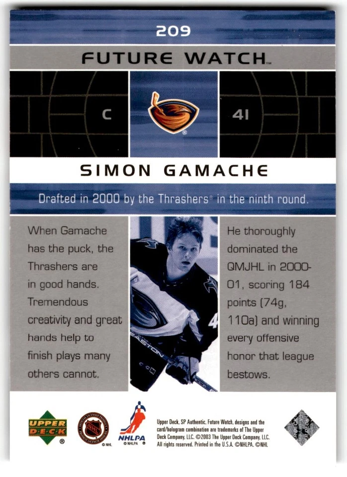 2002-03 SP Authentic Simon Gamache Rookie 678/900 #209 Atlanta Thrashers - Image 2 of 2