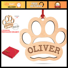 Personalized Dog Paw Christmas Ornament - Custom Laser Engraved 4" Wood, Pet Nam