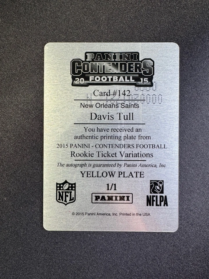 2015 Panini Contenders Davis Tull RC Rookie Auto #142 Yellow Printing Plate 1/1 - Image 2 of 2