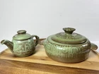 Frankoma Aztec Prairie Green Tea Pot & Wagon Wheel 1.5Q Covered Casserole Lot 2