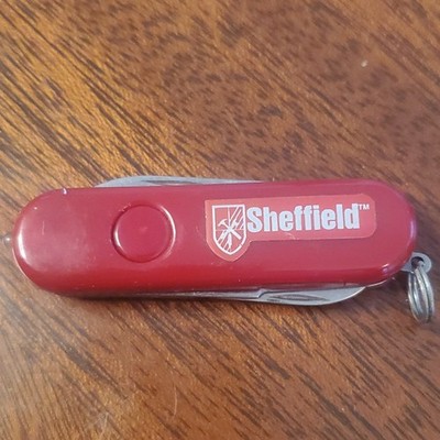 Sheffield 916B Red Multi-Tool Folding Knife Stainless Steel Scissors Tweezers