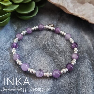 Inka 925 Sterling Silver 4mm Amethyst Bead Stacking Bracelet With Inka Charm – 18cm