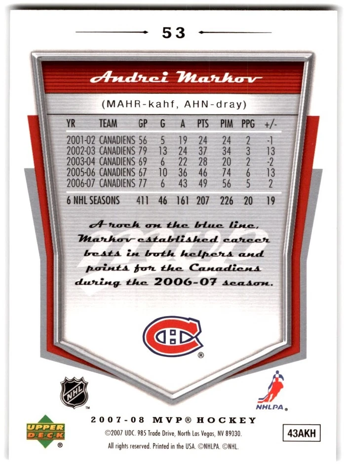2007-08 Upper Deck MVP Andrei Markov #53 Montreal Canadiens - Image 2 of 2