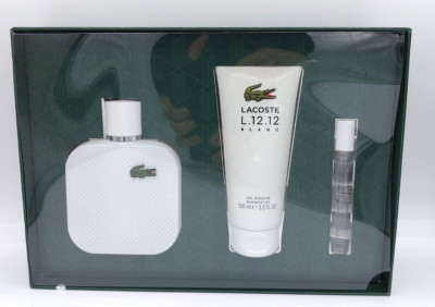 Lacoste Men's L.12.12 Blanc 3pcs Set EDT Spray (3.3oz + 0.25oz), Gel 3.3oz