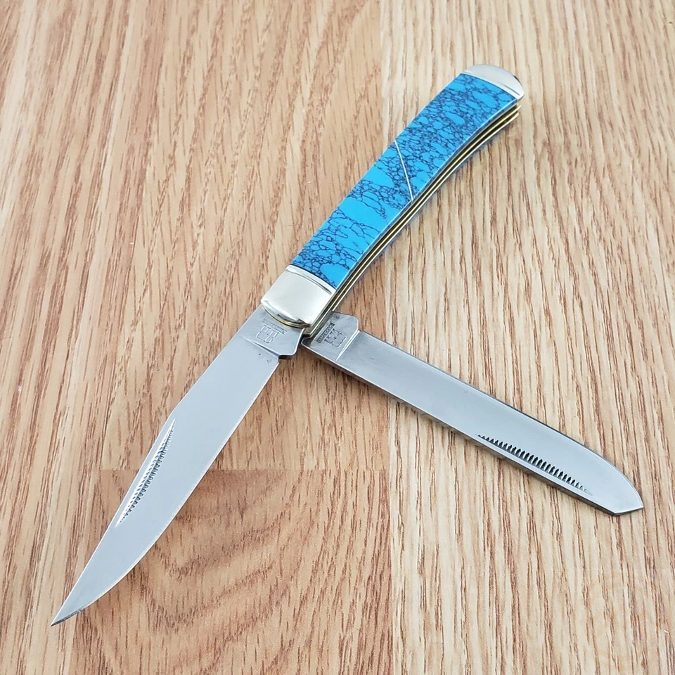 Rough Ryder Trapper Pocket Knife 440A Steel Blades Imitation Turquoise Handle - Image 2 of 4