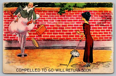 Postcard Compelled To Go Will Return Soon Man Flying Comic Humor Cartoon