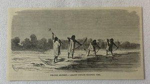 1880 magazine engraving~ AMAZON INDIANS SHOOTING FISH with arrows