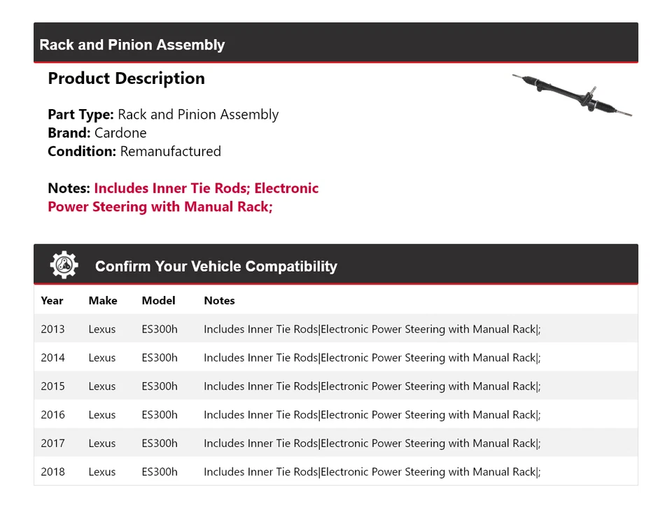 Conjunto de piñón y cremallera Cardone 2014 2015 2016 2017 para Lexus ES300h 2013-2018 Foto 2 de 4