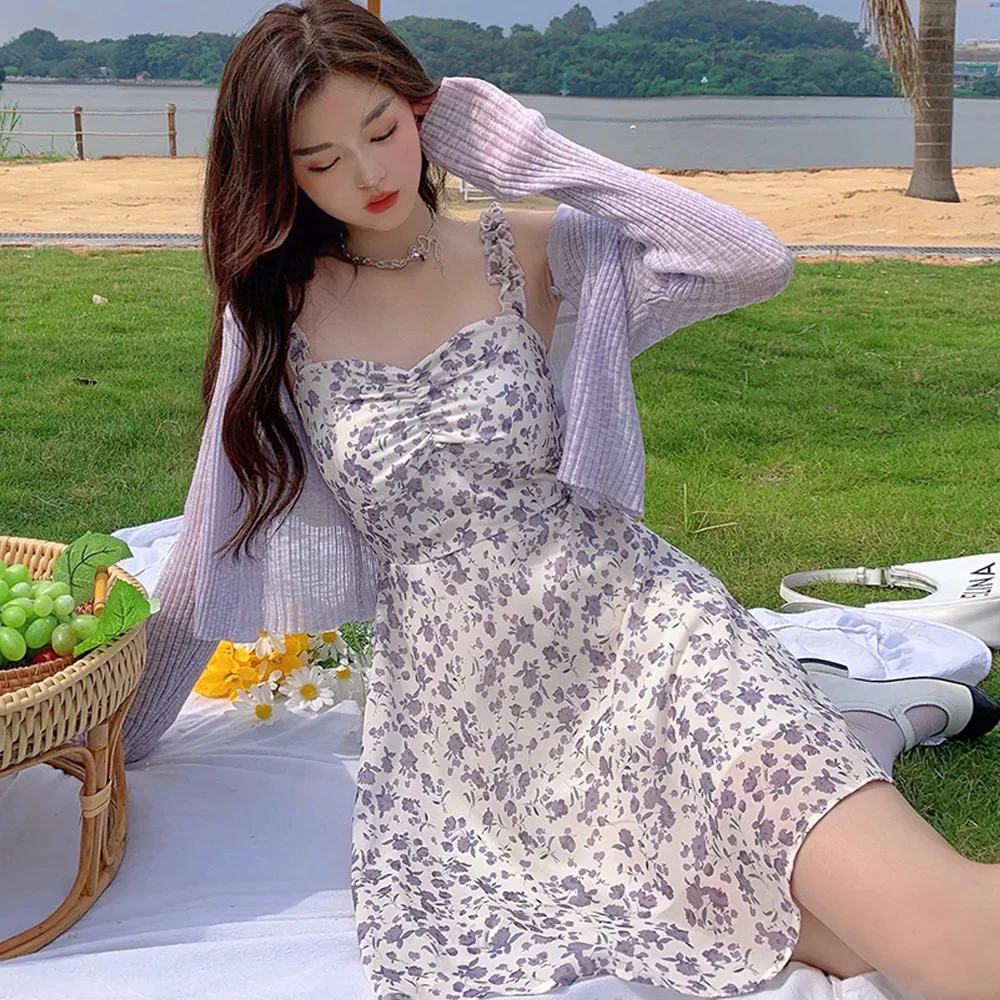 Two-piece Sets Dress for Women Floral Slip Mini Dress+Sunscreen Shawl  Cardigan