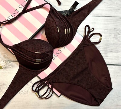 Victoria's Secret Push-Up Bikinioberteil Unterlegt Bordeaux Dots Cheeky Hardware