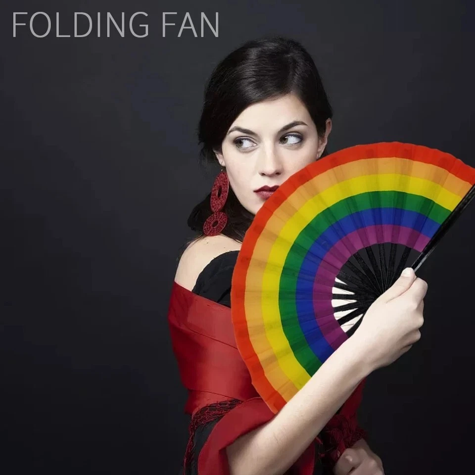 Large Folding Hand Fan Black Bamboo Rave Festival Clack Fan Rainbow Pride Fan - Image 2 of 4